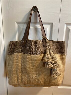 J. Jill Two-Tone Woven Jute Tote in Brown and Tan with Tassels